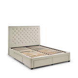 	Wilton oatmeal beige storage bed with deep buttoned headboard in a modern bedroom setting