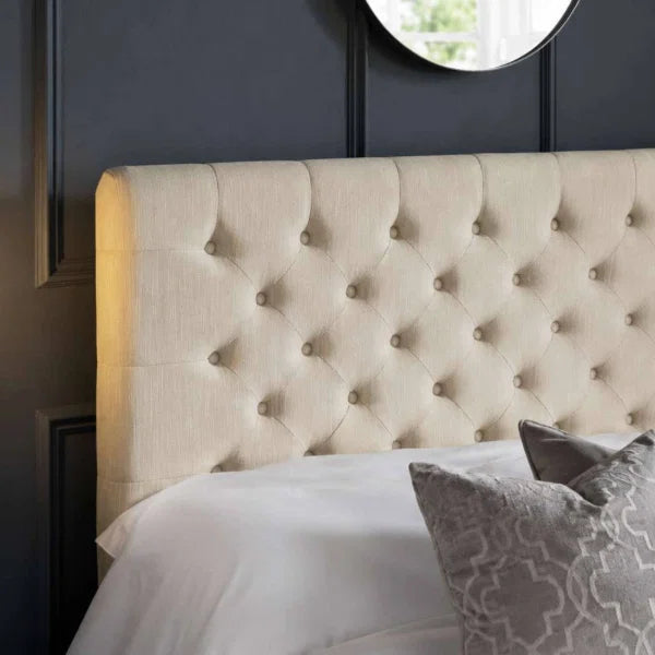 	Wilton oatmeal beige storage bed with deep buttoned headboard in a modern bedroom setting
