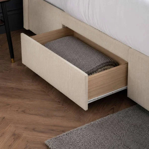 	Wilton oatmeal beige storage bed with deep buttoned headboard in a modern bedroom setting