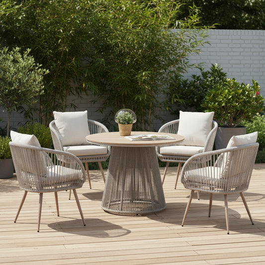 	Furnish365 Cove 4 seater outdoor dining set with polyrattan wicker and artificial wood table in a modern garden setting