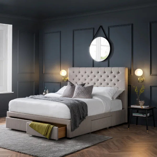 	Wilton oatmeal beige storage bed with deep buttoned headboard in a modern bedroom setting