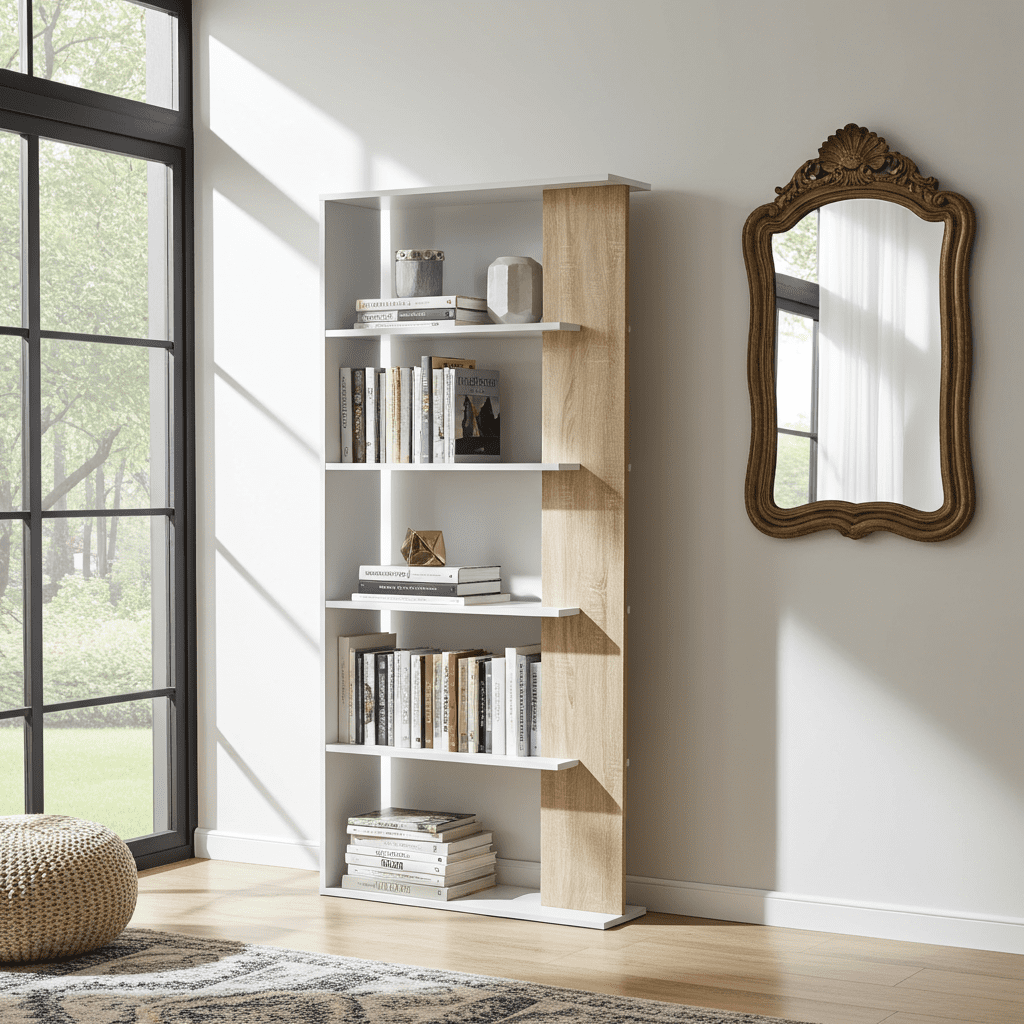 Amos Mann Furniture Adila white and oak effect bookcase in a modern living room setting