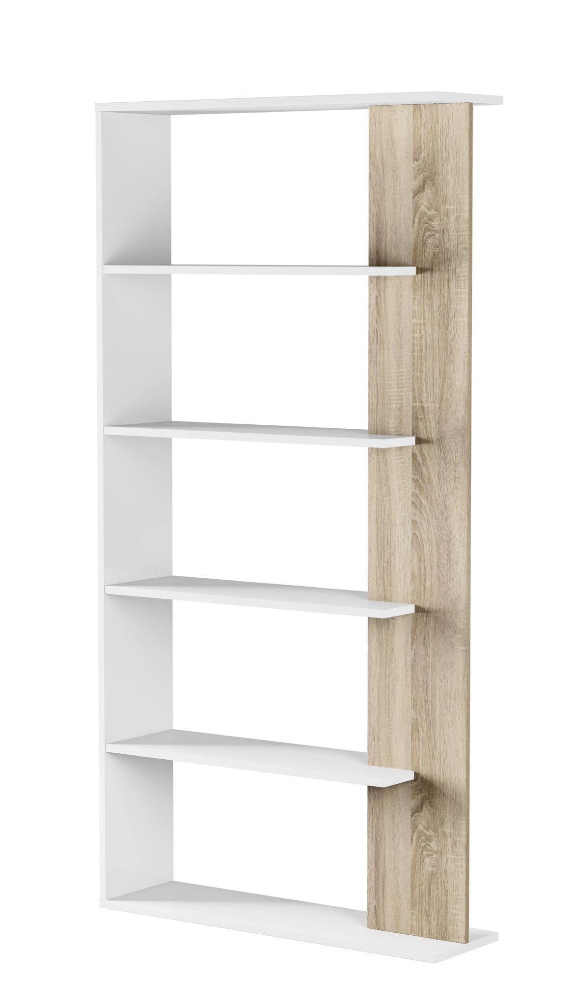 Amos Mann Furniture Adila white and oak effect bookcase in a modern living room setting
