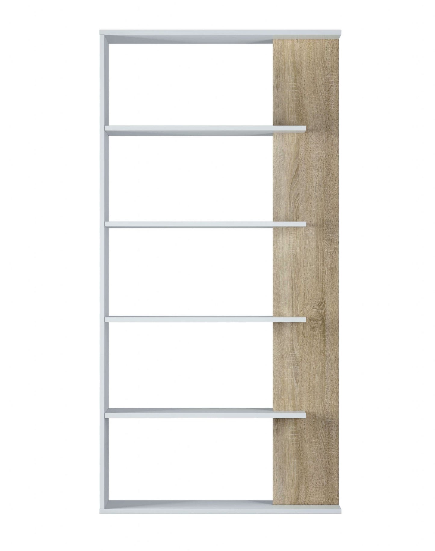 Amos Mann Furniture Adila white and oak effect bookcase in a modern living room setting