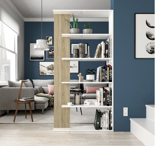 Amos Mann Furniture Adila white and oak effect bookcase in a modern living room setting