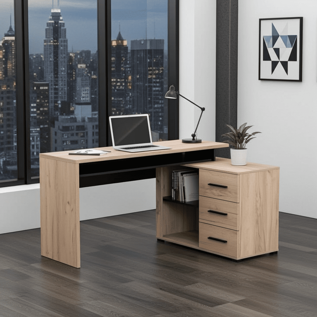 Amos Mann Furniture Amag oak and black corner desk in a modern home office setting