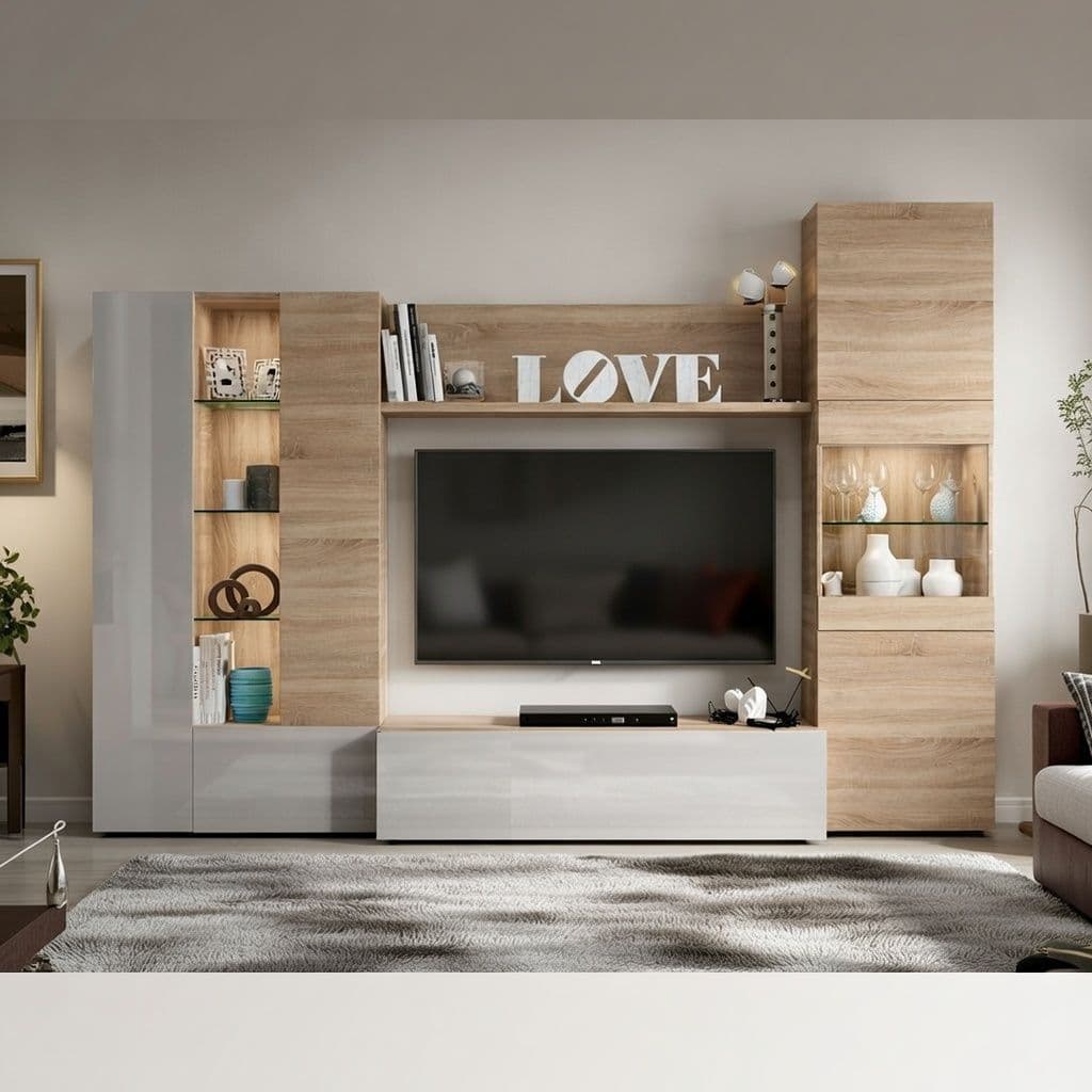 Amos Mann Furniture Amora white gloss and oak wall entertainment unit in a modern living room setting