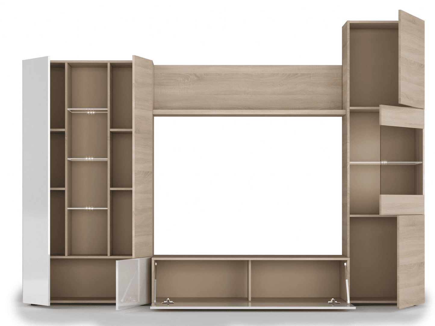 Amos Mann Furniture Amora white gloss and oak wall entertainment unit in a modern living room setting