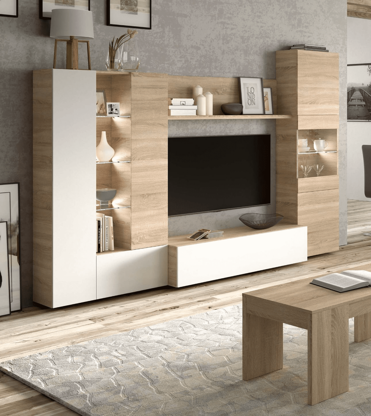 Amos Mann Furniture Amora white gloss and oak wall entertainment unit in a modern living room setting