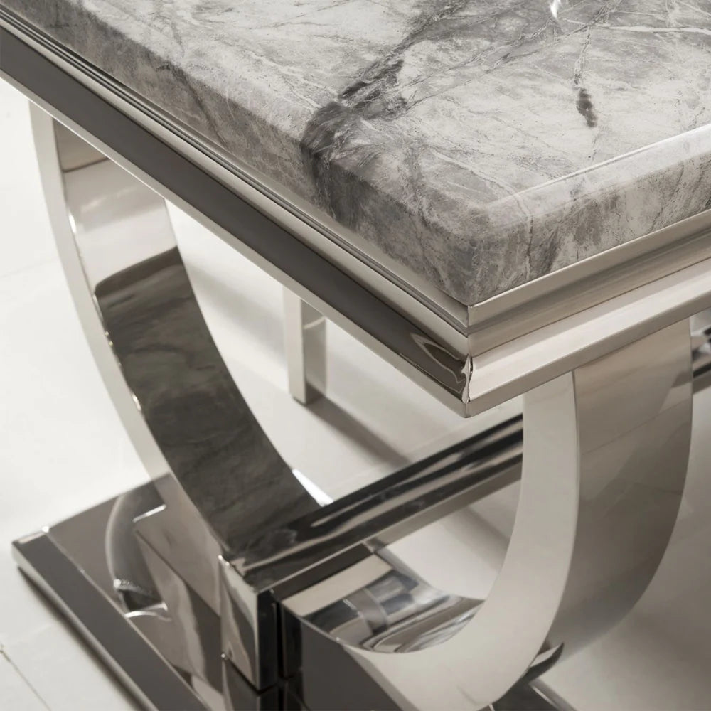 	Furnish365 Arriana 1.8m marble dining table with polished stainless steel base in a modern dining room setting