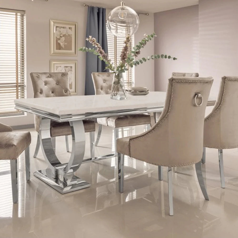 	Furnish365 Arriana 1.8m marble dining table with polished stainless steel base in a modern dining room setting