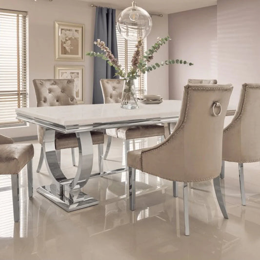 	Furnish365 Arriana 1.8m marble dining table with polished stainless steel base in a modern dining room setting
