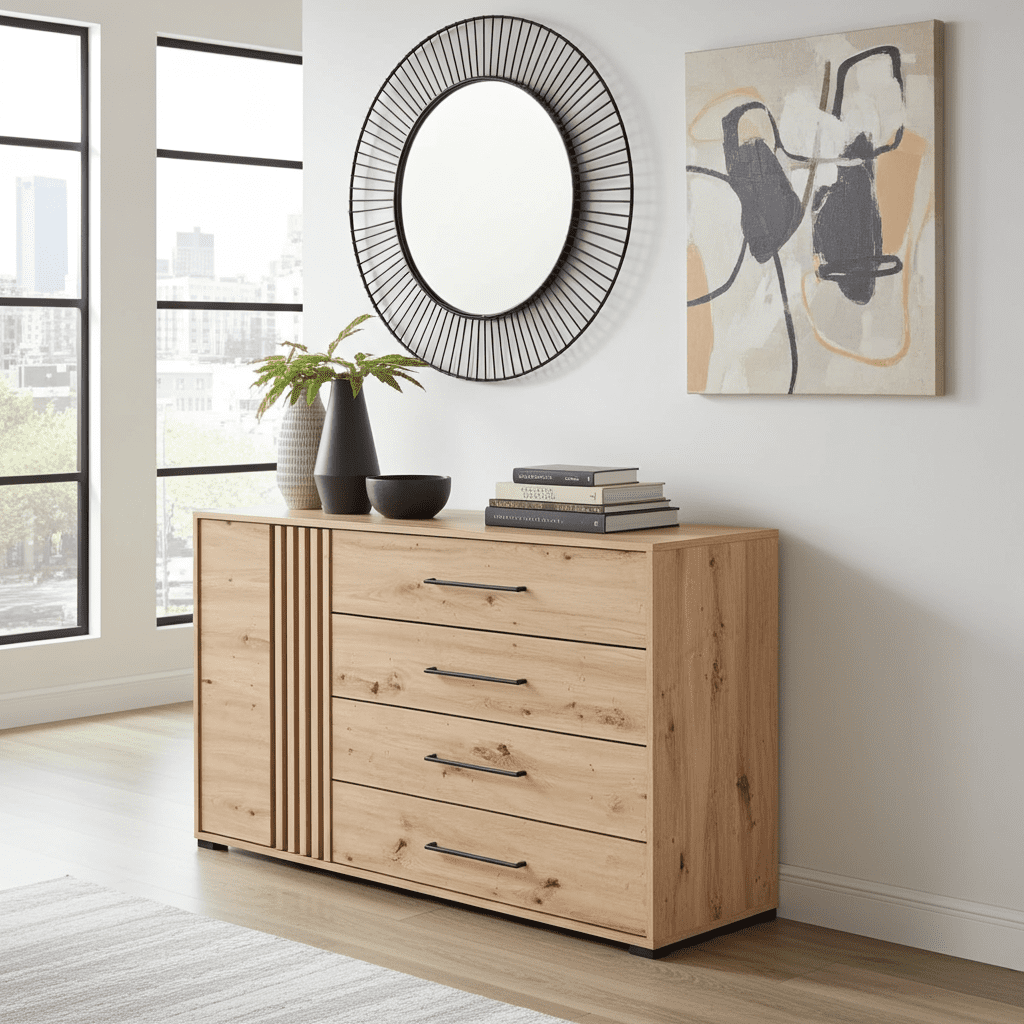 Amos Mann Furniture Asmara oak effect and black 4 drawer sideboard in a modern dining room setting