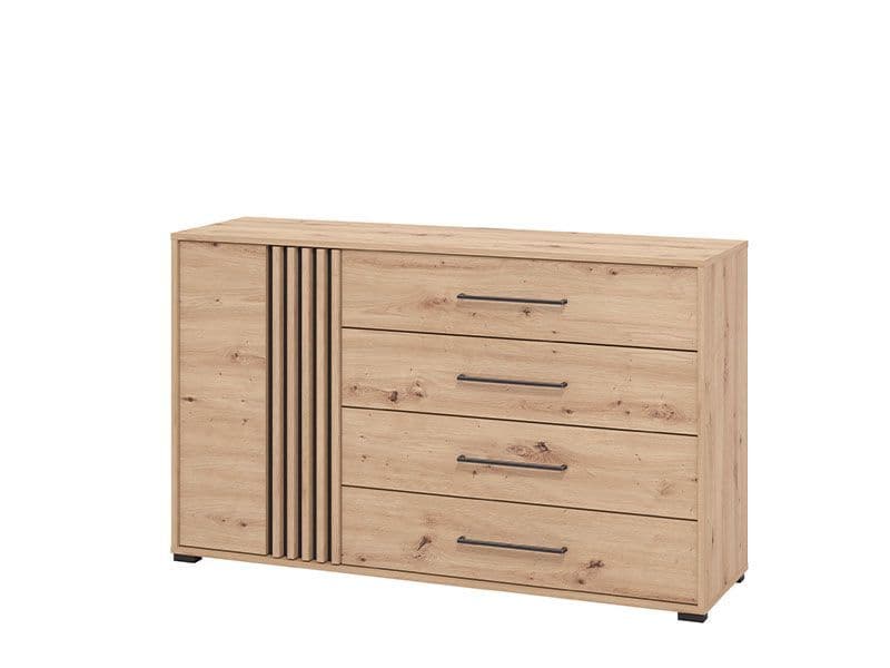 Amos Mann Furniture Asmara oak effect and black 4 drawer sideboard in a modern dining room setting