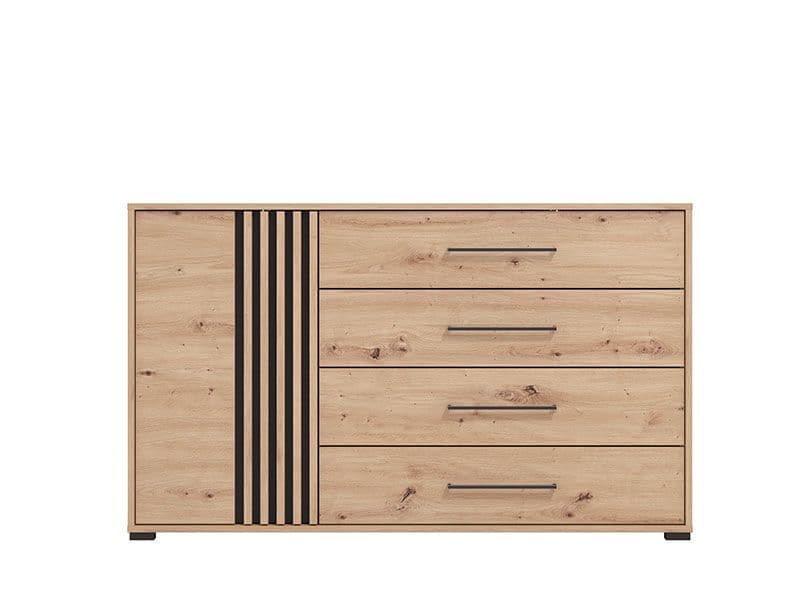 Amos Mann Furniture Asmara oak effect and black 4 drawer sideboard in a modern dining room setting