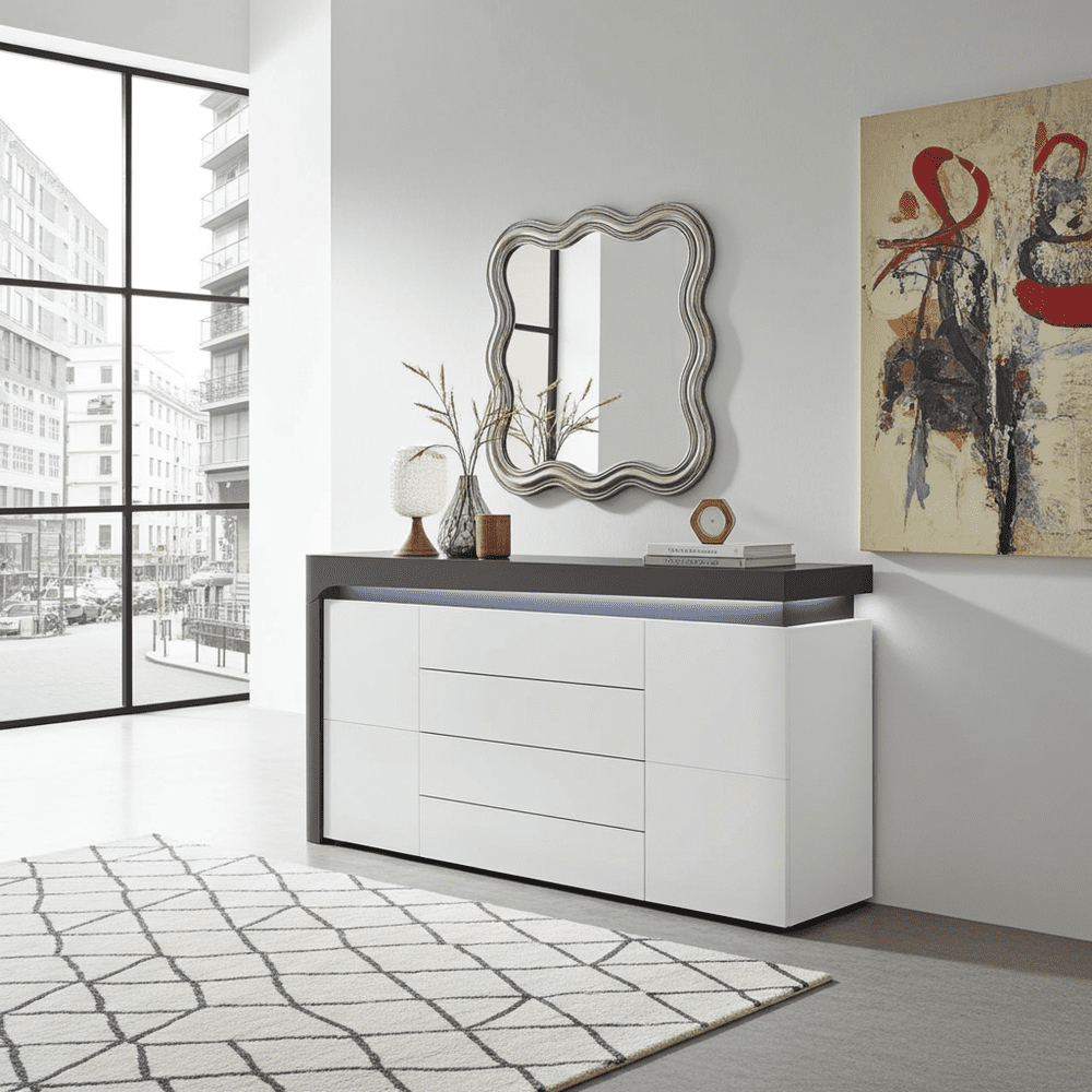Amos Mann Furniture Athens grey and white gloss large sideboard with LED lights in a modern dining room setting