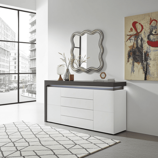 Amos Mann Furniture Athens grey and white gloss large sideboard with LED lights in a modern dining room setting