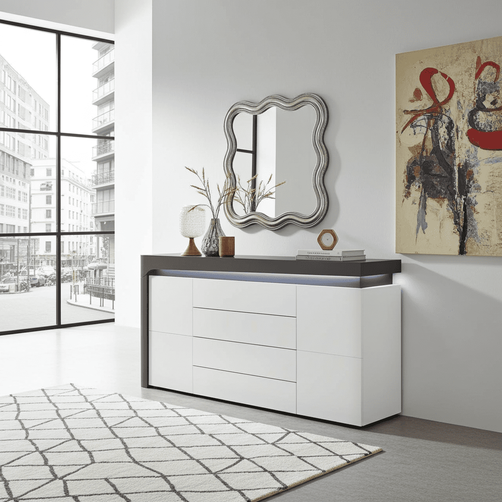 	Amos Mann Furniture Athens grey and white gloss large sideboard with LED lights in a modern dining room setting