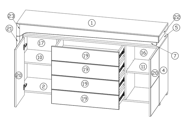 Amos Mann Furniture Athens grey and white gloss large sideboard with LED lights in a modern dining room setting