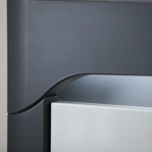 Amos Mann Furniture Athens grey and white gloss large sideboard with LED lights in a modern dining room setting