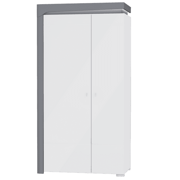 Amos Mann Furniture Athens grey and white gloss 2 door wardrobe with LED lights in a modern bedroom setting
