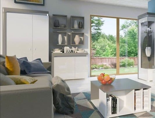 Amos Mann Furniture Athens grey and white gloss 2 door wardrobe with LED lights in a modern bedroom setting