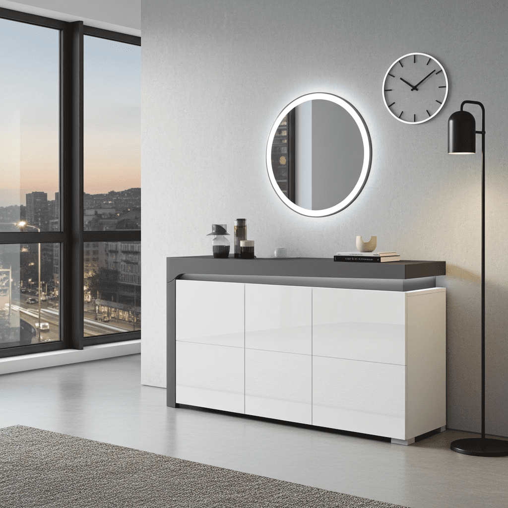 Amos Mann Furniture Athens grey and white gloss sideboard with LED lights in a modern dining room setting