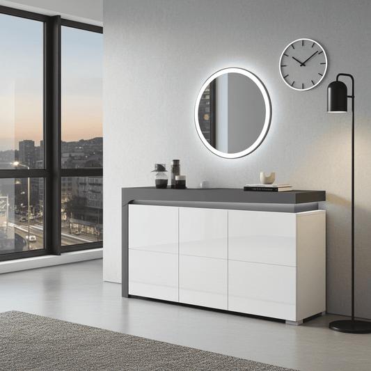 Amos Mann Furniture Athens grey and white gloss sideboard with LED lights in a modern dining room setting