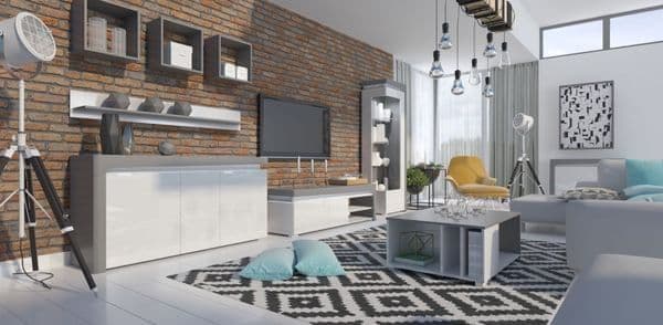 Amos Mann Furniture Athens grey and white gloss sideboard with LED lights in a modern dining room setting