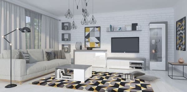 Amos Mann Furniture Athens grey and white gloss sideboard with LED lights in a modern dining room setting