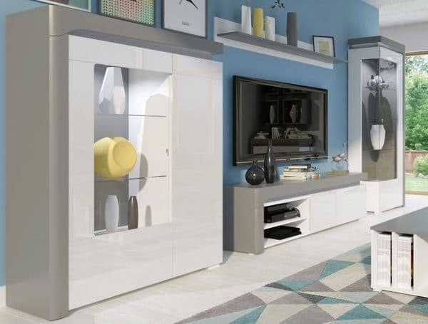 	Amos Mann Furniture Athens grey and white gloss display cabinet with LED lights in a modern living room setting