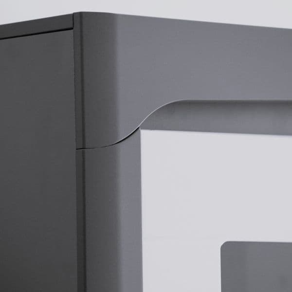 	Amos Mann Furniture Athens grey and white gloss display cabinet with LED lights in a modern living room setting