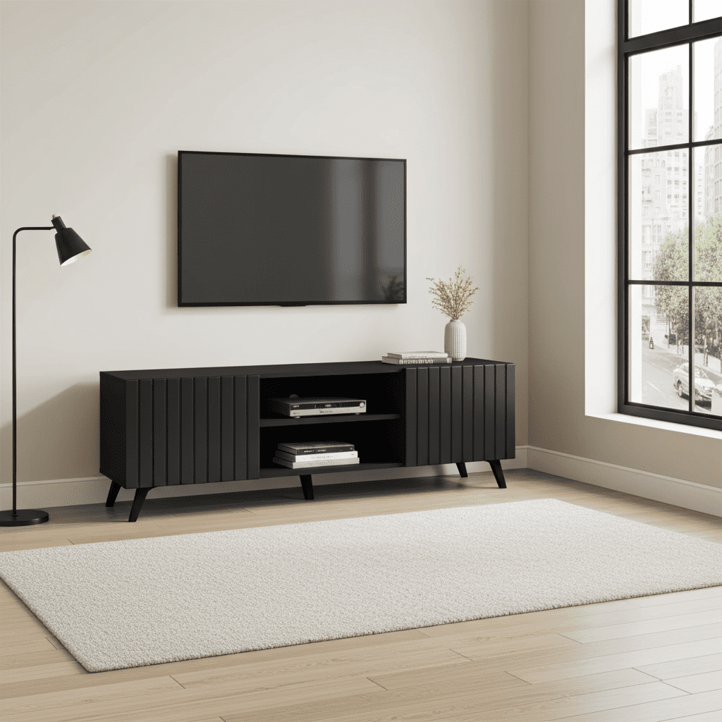 Amos Mann Furniture Atlantis matte black TV cabinet in a modern living room setting