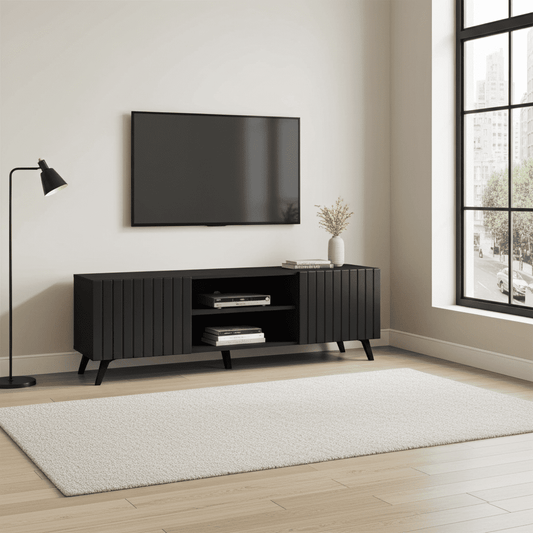 Amos Mann Furniture Atlantis matte black TV cabinet in a modern living room setting
