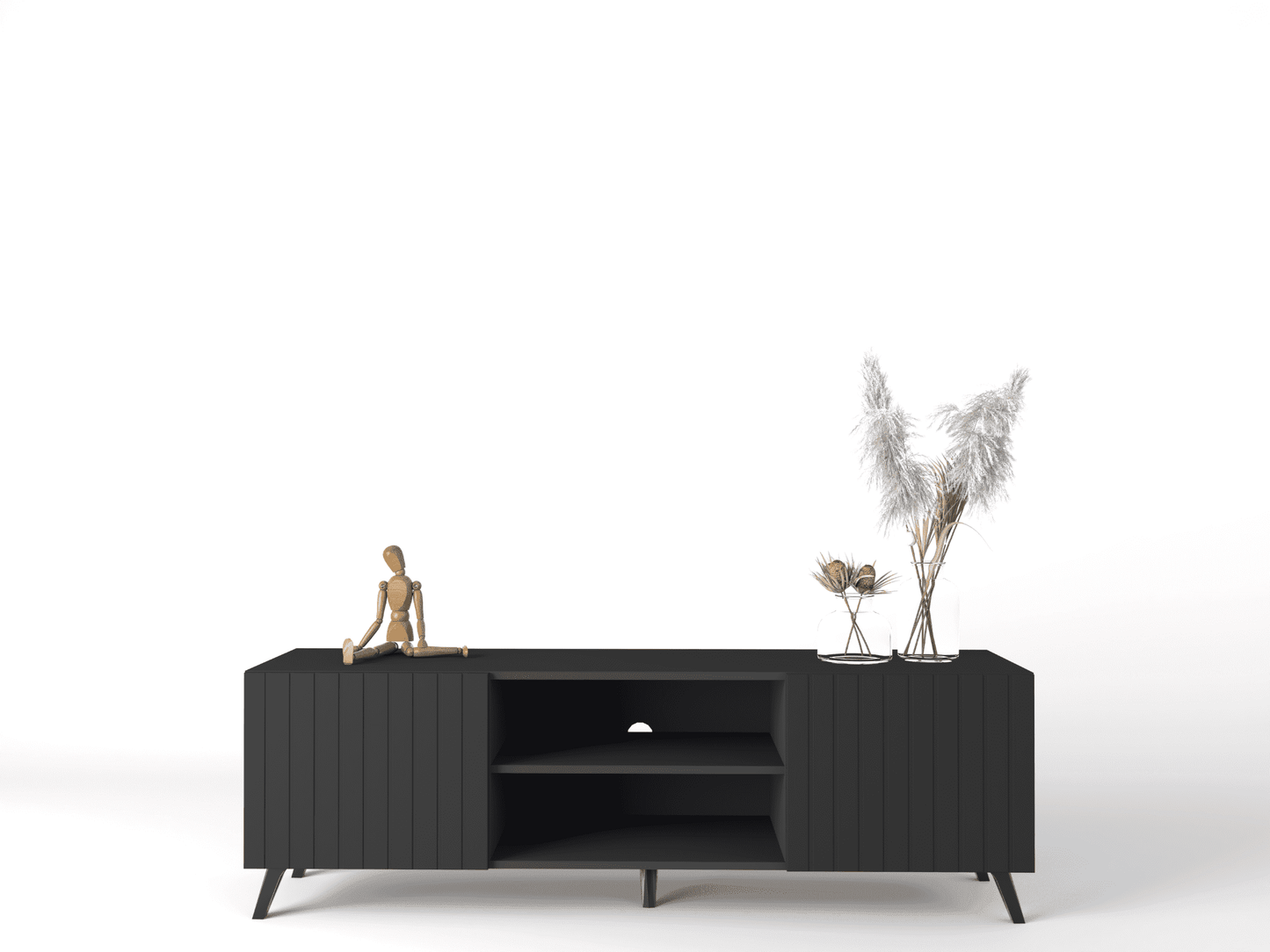 Amos Mann Furniture Atlantis matte black TV cabinet in a modern living room setting
