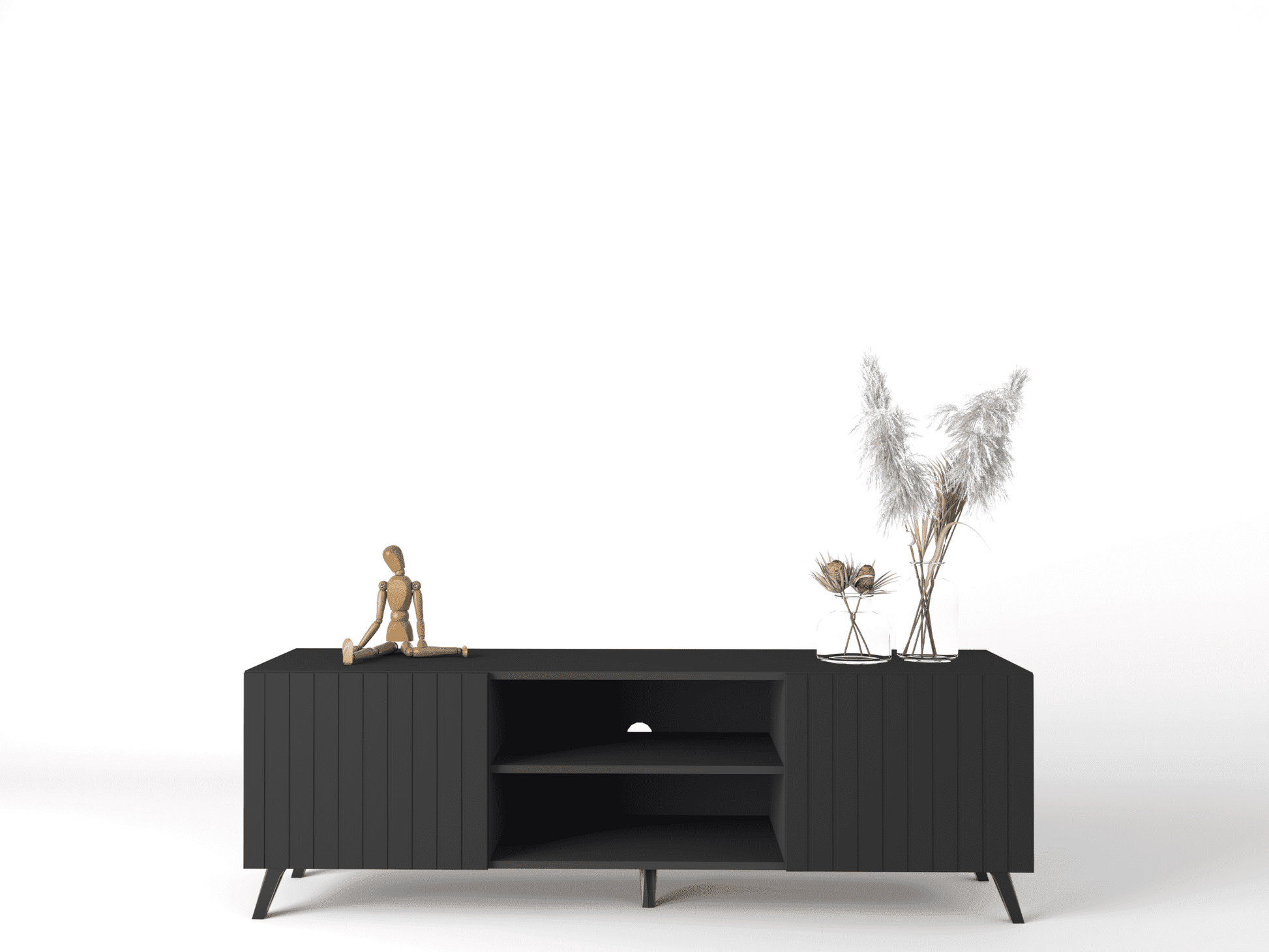 Amos Mann Furniture Atlantis matte black TV cabinet in a modern living room setting