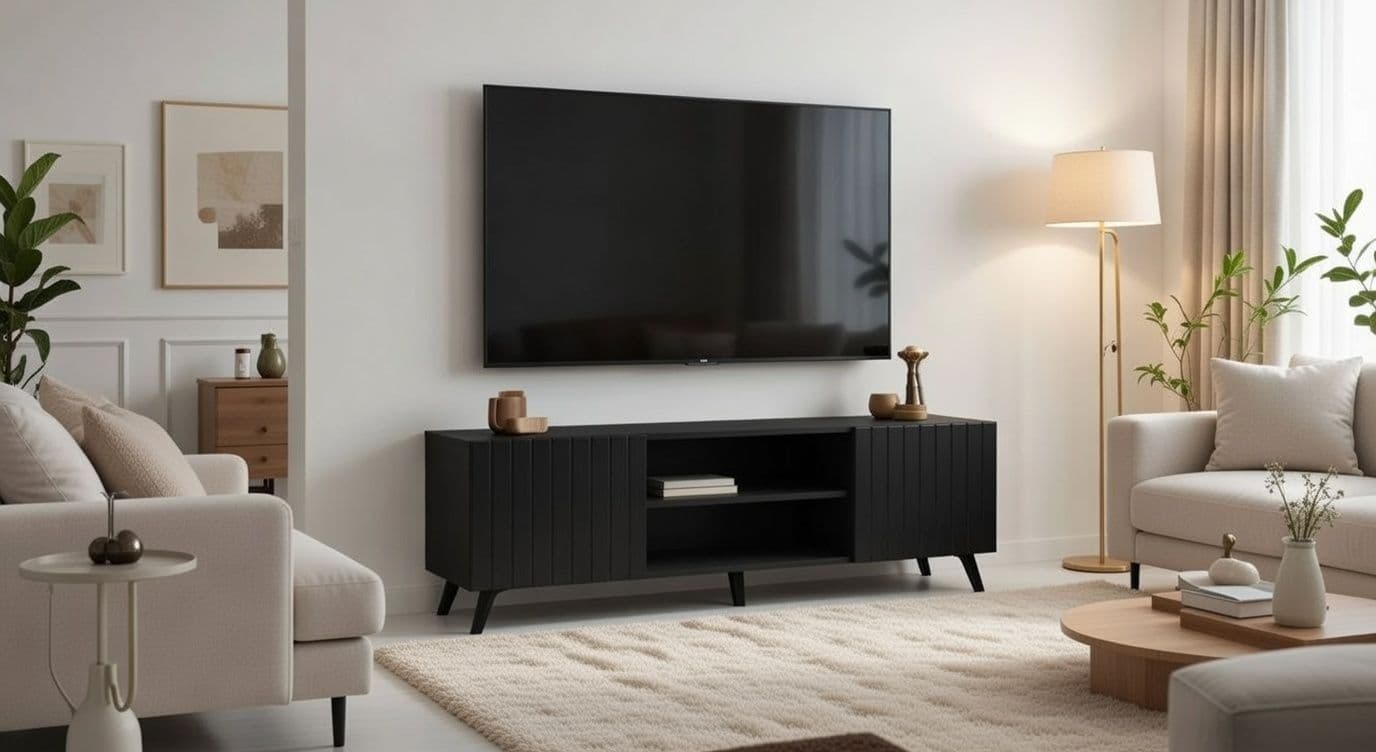 Amos Mann Furniture Atlantis matte black TV cabinet in a modern living room setting
