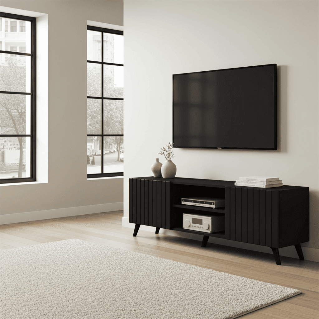 Amos Mann Furniture Atlantis matte black TV cabinet in a modern living room setting