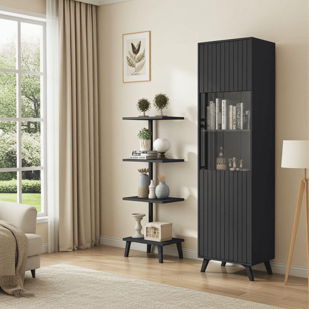 	Amos Mann Furniture Atlantis matte black tall display cabinet in a modern living room setting