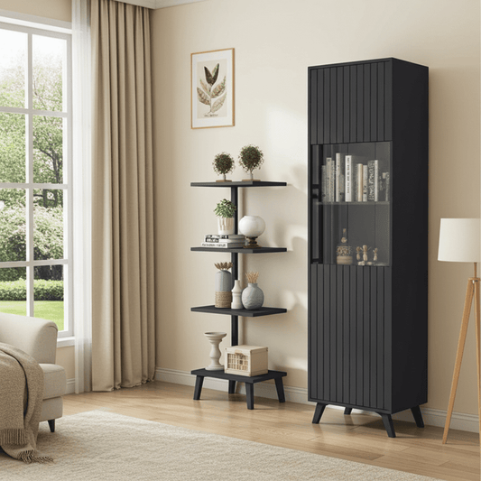 	Amos Mann Furniture Atlantis matte black tall display cabinet in a modern living room setting