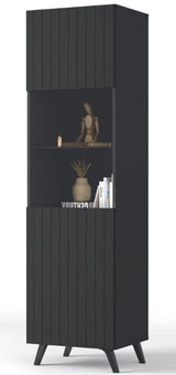 	Amos Mann Furniture Atlantis matte black tall display cabinet in a modern living room setting