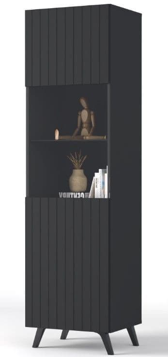 	Amos Mann Furniture Atlantis matte black tall display cabinet in a modern living room setting