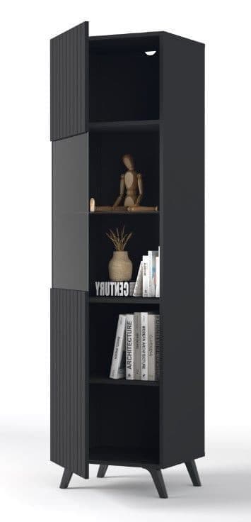 	Amos Mann Furniture Atlantis matte black tall display cabinet in a modern living room setting