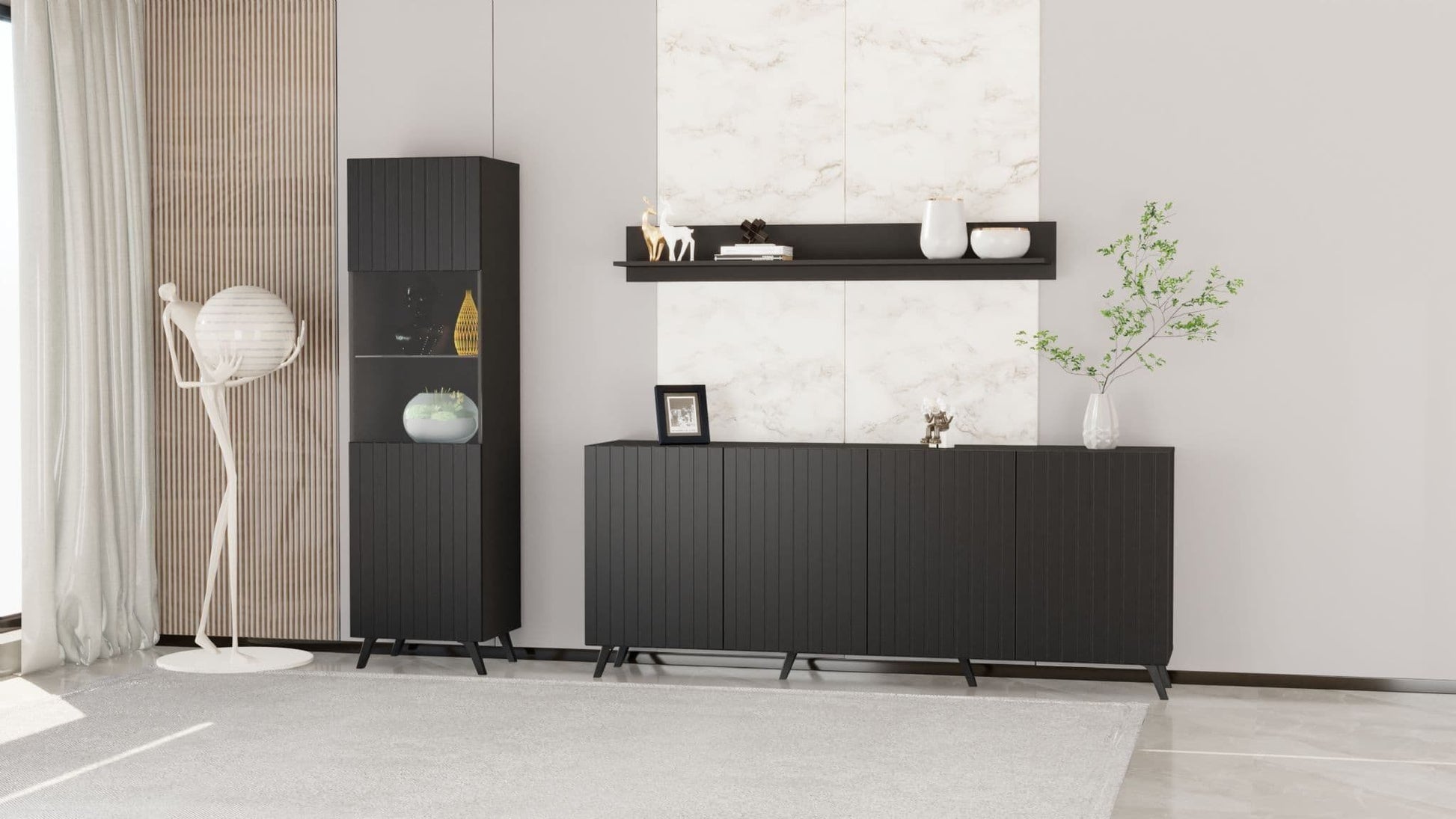 	Amos Mann Furniture Atlantis matte black tall display cabinet in a modern living room setting