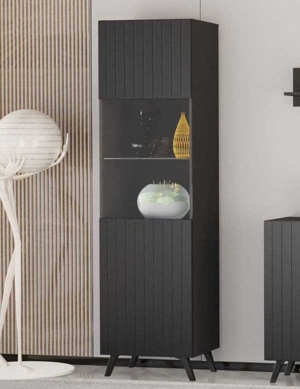 	Amos Mann Furniture Atlantis matte black tall display cabinet in a modern living room setting