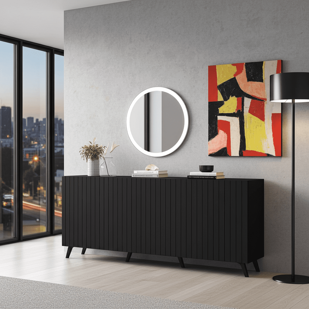 Amos Mann Furniture Atlantis matte black wide 4 door sideboard in a modern living room setting