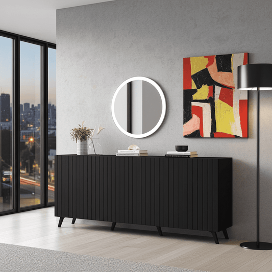 Amos Mann Furniture Atlantis matte black wide 4 door sideboard in a modern living room setting