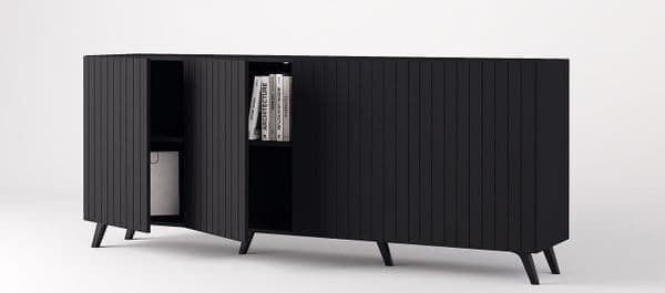 Amos Mann Furniture Atlantis matte black wide 4 door sideboard in a modern living room setting