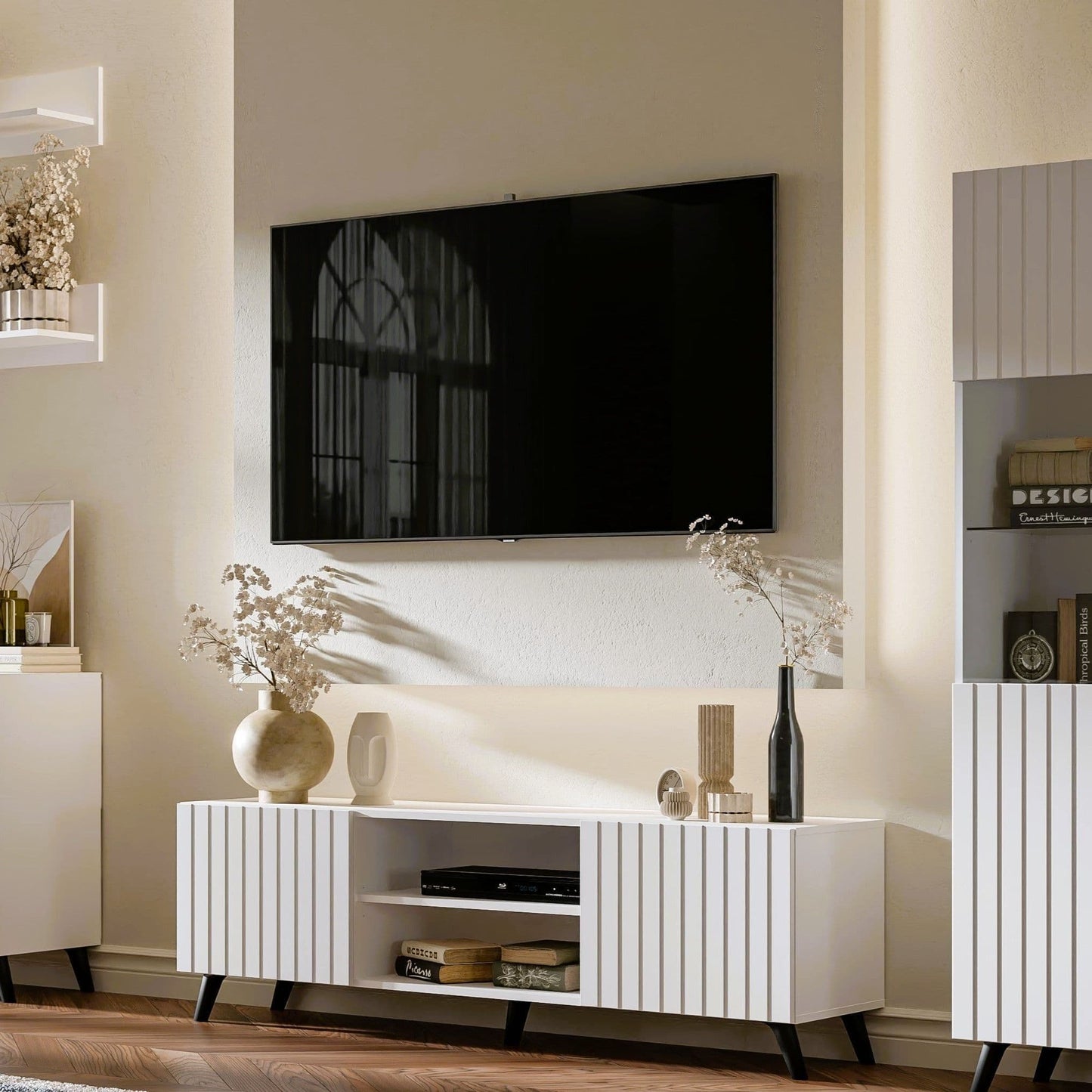 Amos Mann Furniture Atlantis matte white TV cabinet in a modern living room setting