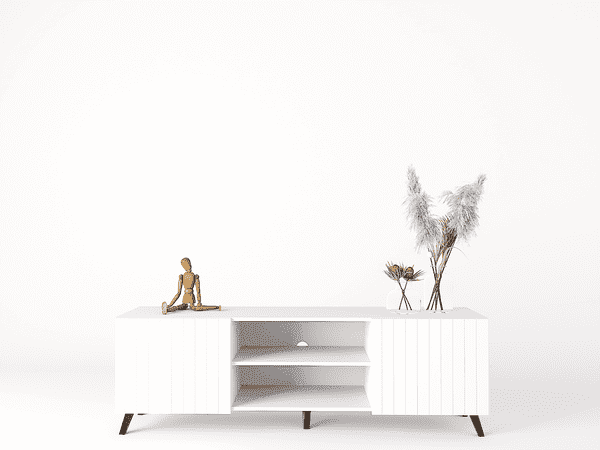 Amos Mann Furniture Atlantis matte white TV cabinet in a modern living room setting